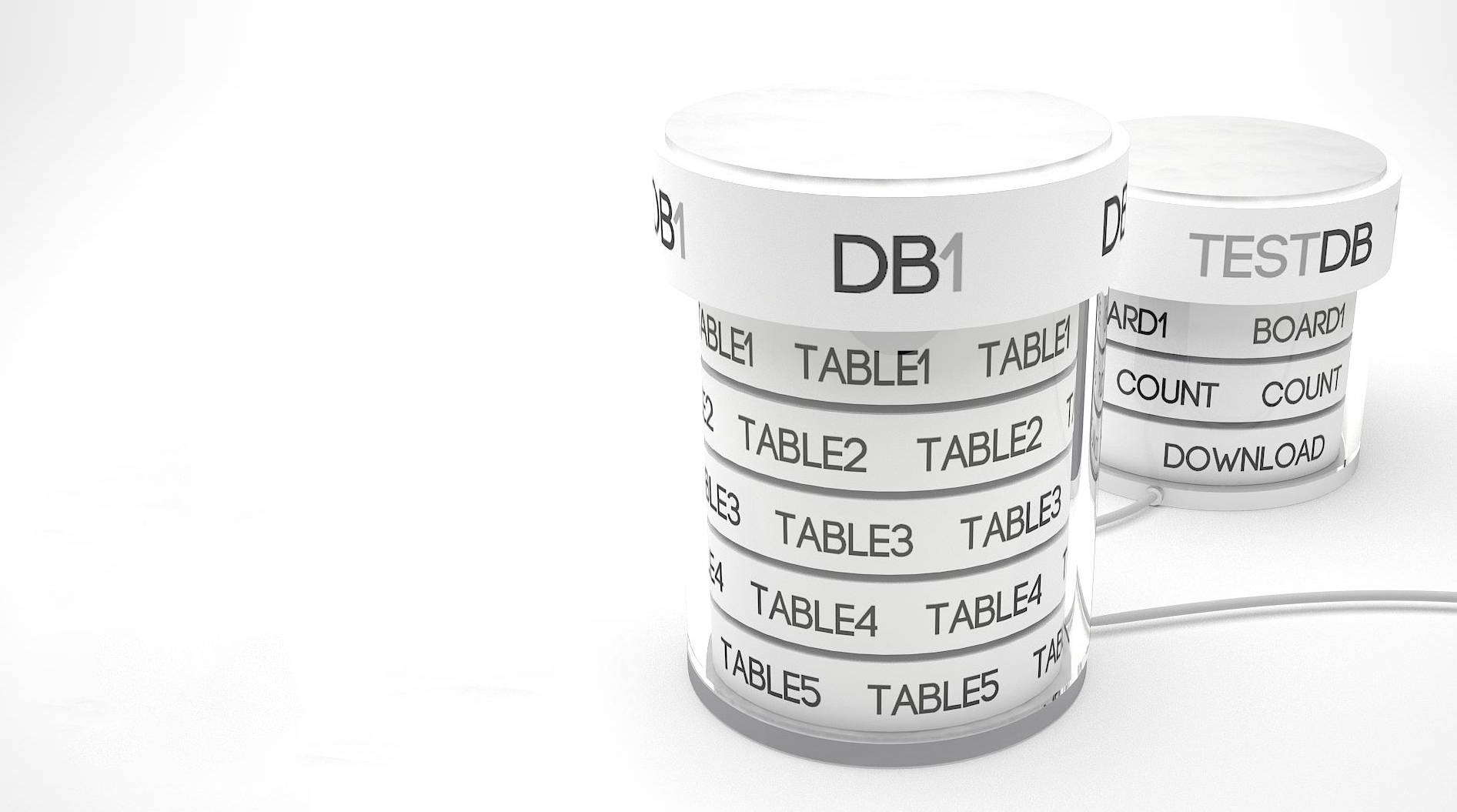 A database (DB1) holds its tables — TABLE1 through TABLE5 — stacked like layers inside a single vessel.