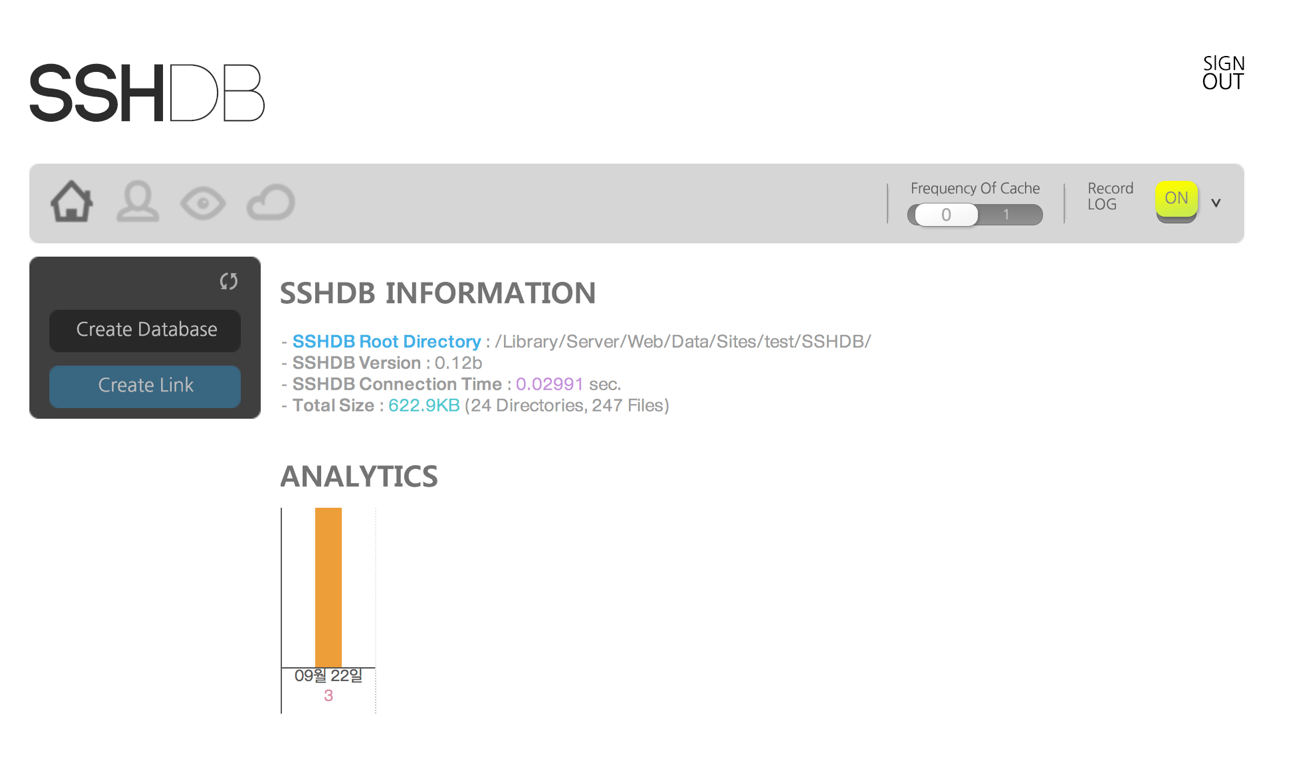 SSHDB admin dashboard — database info, link creation, and analytics at a glance.